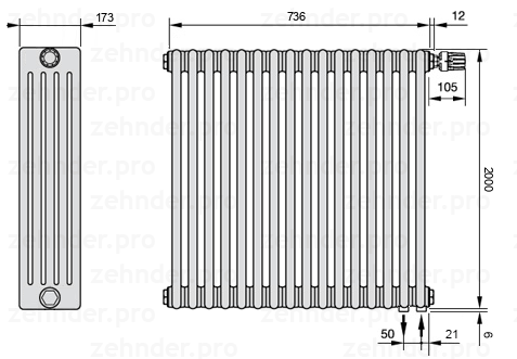 Схема (чертеж) Радиатор Zehnder Charleston 5200/16 №V002 Белый глянцевый RAL 9016